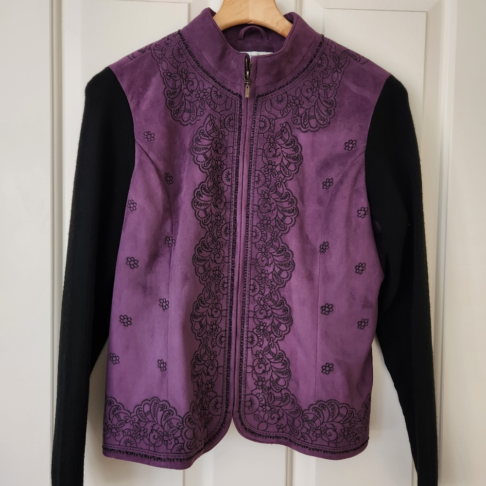 Whimsigoth Jacket Purple Plum Vintage Y2K Faux Suede Floral Embroidered Medium - Picture 4 of 14